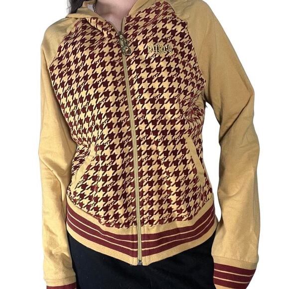 ENYCE Houndstooth Full Zip Jacket Hooded Embroidered Logo Mustard/Burgundy Sz SM - Picture 4 of 16